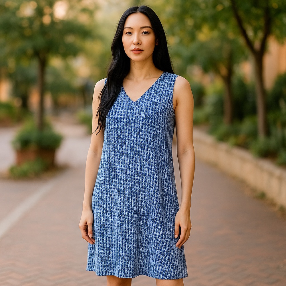 Anthropologie Blue Patterned V‑Neck Mini Dress